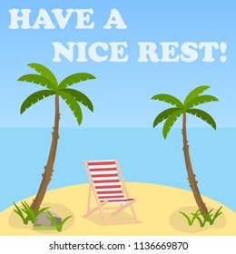 Chaise lounge on the beach under the palm trees. Banner summer vacation overlooking the sea and sky. Flat design, vector illustration, vector.
