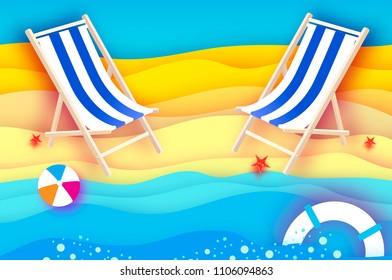 Chaise lounge. Origami sea and beach. Sport ball game. Flipflops shoes. Lifesaver. Starfish. Vacation and travel concept.