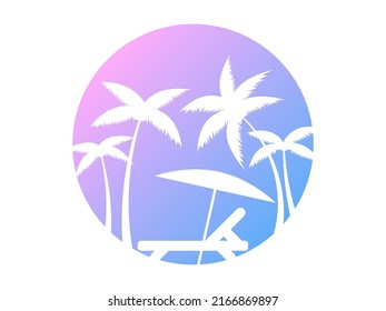 Chaise lounge outline with palm trees in the style of the 80s. Palm trees and deck chair at gradient sun isolated on white background. Design for banners and posters. Vector illustration