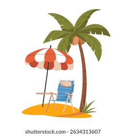 Lounge Chaise e palmeira, guarda-chuva no resort de luxo do mar, praia. Deckchair, guarda-sóis à beira-mar, folhas verdes de árvores tropicais listraram guarda-chuva sobre chaise. Ilustração de vetor plano em branco.