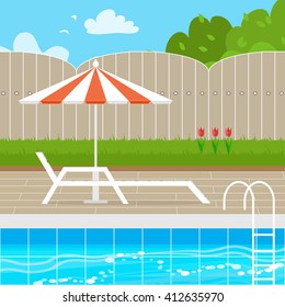 Chaise Lounge With Parasol Umbrella Near The Swimming Pool. House Backyard.  Summer Resort Vacation Background. Water Beach Vacation. Vector Design Illustration.
