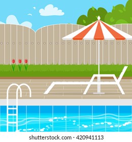 Chaise Lounge With Parasol Umbrella Near The Swimming Pool. House Backyard.  Summer Resort Vacation Background. Water Beach Vacation. Vector Design Illustration.