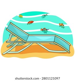 chaise lounge side view against the sea and fish vector illustration