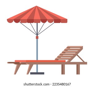 Chaise lounge and umbrella giving shade, isolated furniture for outside garden or beach. Wooden seat bench for sunbathing and tanning on resort. Outdoors exterior design. Vector in flat style