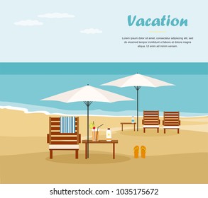 Chaise lounge and umbrella on beach. Summer Vacation and Tourism