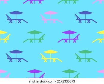 Chaise lounges with umbrellas seamless pattern. Summer vacation, sunbathing. Sun lounger on the beach. Design for banners, posters and beach advertising. Vector illustration