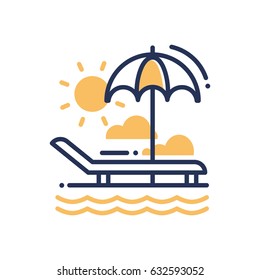 Chaise-longue - modern vector single line icon. An image of a deck-chair on a beach, an umbrella, sun, clouds, sea, ocean. Representation of relaxation, vacation, travel, good time