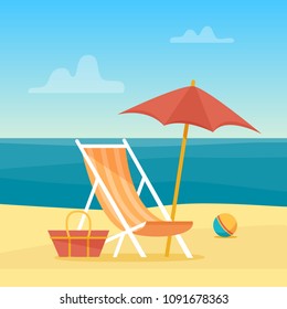 Chaise-longue on the beach under a umbrella. Lounge with sea on tropical background. Flat style vector illustration.