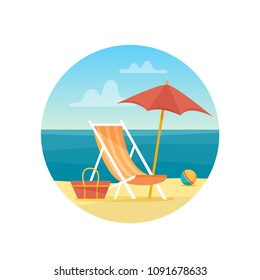 Chaise-longue on the beach under a umbrella. Lounge with sea on tropical background. Flat style vector illustration.