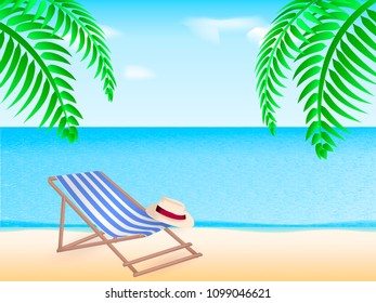 Chaise-longue at sea beach. Branch of a palm tree. Vector illustration