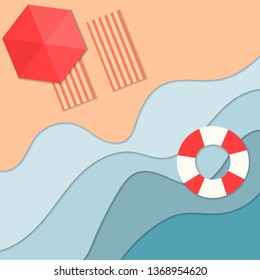 Chaise-longues on the beach under a umbrella. Lounge with sea on tropical background. Paper cut. Vector illustration.