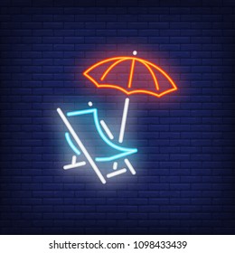 Chaise-lounge neon sign. Beach chair and umbrella on dark brick wall background. Night bright advertisement. Vector illustration in neon style for travel agency or vacation