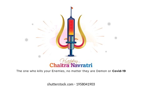 chaitra navratri worship. Happy Ram Navami with typography, vaccine syringe and covid 19 corona concept