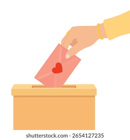 Chaity, love and valentine's day concept. Hand putting envelope with red heart into box isolated on white background. Vector 