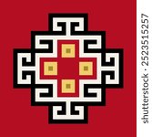 Chakana or also Andean Cross, a stepped cross, based on a detail of an Inca tunic or also called uncu. Textile design and motif of the Inca Empire from 15th century CE. Isolated illustration. Vector.