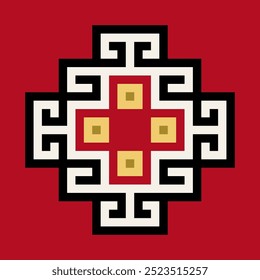 Chakana or also Andean Cross, a stepped cross, based on a detail of an Inca tunic or also called uncu. Textile design and motif of the Inca Empire from 15th century CE. Isolated illustration. Vector.