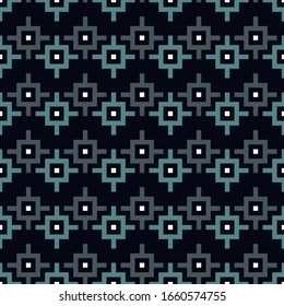 Chakana inca cruza un patrón sin fisuras. Impresión de superficie de estilo bordado étnico. Ancianos orígenes de mosaicos nativos americanos. Papel tapiz folclórico. Ornamento geométrico. Ilustración abstracta del vector geográfico
