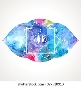 Chakra Ajna icon, ayurvedic symbol, lotus flower and frame for text. Watercolor bright texture. Text and frame edited in vector