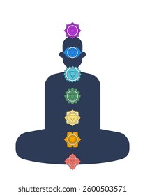 Chakra alignment on meditating human silhouette 2D cartoon object. Yoga posture. Balance holistic wellness. Spiritual energy centers isolated element flat vector clip art on white. Spot illustration