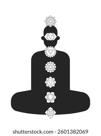 Chakra alignment on meditating human silhouette 2D line object. Yoga posture. Balance holistic wellness. Spiritual energy centers isolated clipart vector ink outline item. Monochrome spot illustration