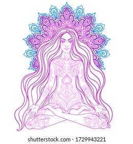 Chakra concept. Girl sitting in lotus position over colorful ornate mandala. Vector ornate decorative illustration isolated on white. Buddhism esoteric motifs. Tattoo, spiritual yoga. 