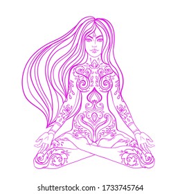 Chakra concept. Girl sitting in lotus position over colorful ornate mandala. Vector ornate decorative illustration isolated on white. Buddhism esoteric motifs. Tattoo, spiritual yoga. 