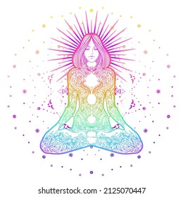 Chakra concept. Girl sitting in lotus position over colorful ornate mandala. Vector ornate decorative illustration isolated on white. Buddhism esoteric motifs. Tattoo, spiritual yoga. 