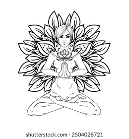 Chakra concept. Girl sitting in lotus position over black and white ornate mandala. Vector ornate decorative illustration isolated on white. Buddhism esoteric motifs. Tattoo, spiritual yoga.