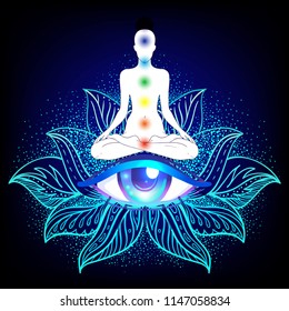 Chakra concept. Inner love, light and peace.  Buddha silhouette in lotus position over lotus flower and eye. Vector illustration isolated. Buddhism esoteric motifs. Tattoo, spiritual yoga.