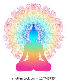 Chakra concept. Inner love, light and peace.  Buddha silhouette in lotus position over colorful ornate mandala. Vector illustration isolated. Buddhism esoteric motifs. Tattoo, spiritual yoga.
