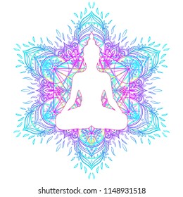 Chakra concept. Inner love, light and peace.  Buddha silhouette in lotus position over colorful ornate mandala. Vector illustration isolated. Buddhism esoteric motifs. Tattoo, spiritual yoga.