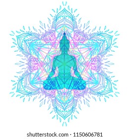 Chakra concept. Inner love, light and peace.  Buddha silhouette in lotus position over colorful ornate mandala. Vector illustration isolated. Buddhism esoteric motifs. Tattoo, spiritual yoga.