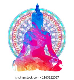 Chakra concept. Inner love, light and peace.  Buddha silhouette in lotus position over colorful ornate mandala. Vector illustration isolated. Buddhism esoteric motifs. Tattoo, spiritual yoga.