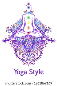 Chakra concept. Inner love, light and peace. Buddha silhouette in lotus position over colorful ornate mandala. Vector illustration isolated. Buddhism esoteric motifs. Tattoo, spiritual yoga. - Vector