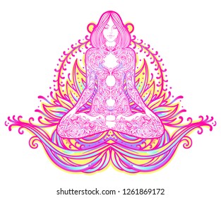 Chakra concept. Inner love, light and peace. Buddha silhouette in lotus position over colorful ornate mandala. Vector illustration isolated. Buddhism esoteric motifs. Tattoo, spiritual yoga. - Vector