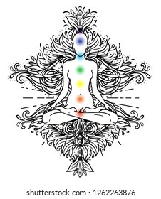 Chakra concept. Inner love, light and peace. Buddha silhouette in lotus position over colorful ornate mandala. Vector illustration isolated. Buddhism esoteric motifs. Tattoo, spiritual yoga. - Vector