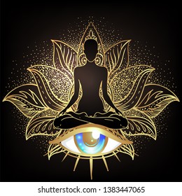 Chakra concept. Inner love, light and peace. Buddha silhouette in lotus position over ornate mandala. Vector illustration in gold  isolated. Buddhism esoteric motifs. Tattoo, spiritual yoga.