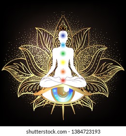 Chakra concept. Inner love, light and peace. Buddha silhouette in lotus position over ornate mandala. Vector illustration in gold  isolated. Buddhism esoteric motifs. Tattoo, spiritual yoga.