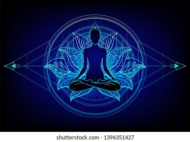 Chakra Concept. Inner Love, Light And Peace. Buddha Silhouette In Lotus Position Over Colorful Ornate Mandala. Vector Illustration Isolated. Buddhism Esoteric Motifs. Tattoo, Spiritual Yoga.