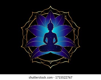 Chakra concept. Inner love, light and peace. Buddha silhouette in lotus position over gold ornate mandala lotus flower. Vector illustration isolated. Buddhism esoteric motifs. Tattoo, spiritual yoga