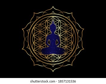 Chakra concept. Inner love, light and peace. Buddha silhouette in lotus position over gold ornate mandala lotus flower. Flower of Life, golden Yantra Mandala vector isolated on black background 