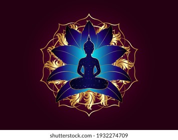 Chakra concept. Inner love, light and peace. Buddha silhouette in lotus position over gold ornate mandala lotus flower. Vector illustration isolated. Buddhism esoteric motifs. Religious spiritual yoga