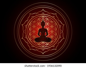 Chakra Konzept. Innere Liebe, Licht und Frieden. Buddha-Silhouette in Lotusposition auf goldfarbener Mandala-Lotusblume. Blume des Lebens, goldener Yantra-Mandala-Vektorgrafik einzeln auf dunkelrotem Hintergrund 