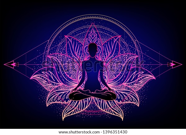 Chakra concept. Inner love, light and peace. Buddha\
silhouette in lotus position over colorful ornate mandala. Vector\
illustration isolated. Buddhism esoteric motifs. Tattoo, spiritual\
yoga.