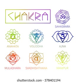Chakra. Energy centers of the human. Icons. Handwriting. The image can be used to print maps, posters, as a background, advertising, logos