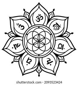 Chakra Flor de vida mandala con chakras. Geometría sagrada Ilustración vectorial Para el logotipo meditación curativa del yoga.