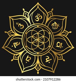 Chakra Flower of life mandala with chakras. Sacred geometry Vector illustration Gold For logo yoga healing meditation.