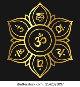 Chakra Flower of life mandala with chakras Gold. Vector illustration namaste OM. For logo yoga healing meditation.