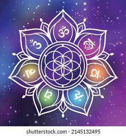 Chakra Flower of life mandala with chakras. Sacred geometry Vector illustration For logo yoga healing meditation.