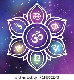 Chakra Flower of life mandala with chakras. Vector illustration namaste OM. For logo yoga healing meditation.